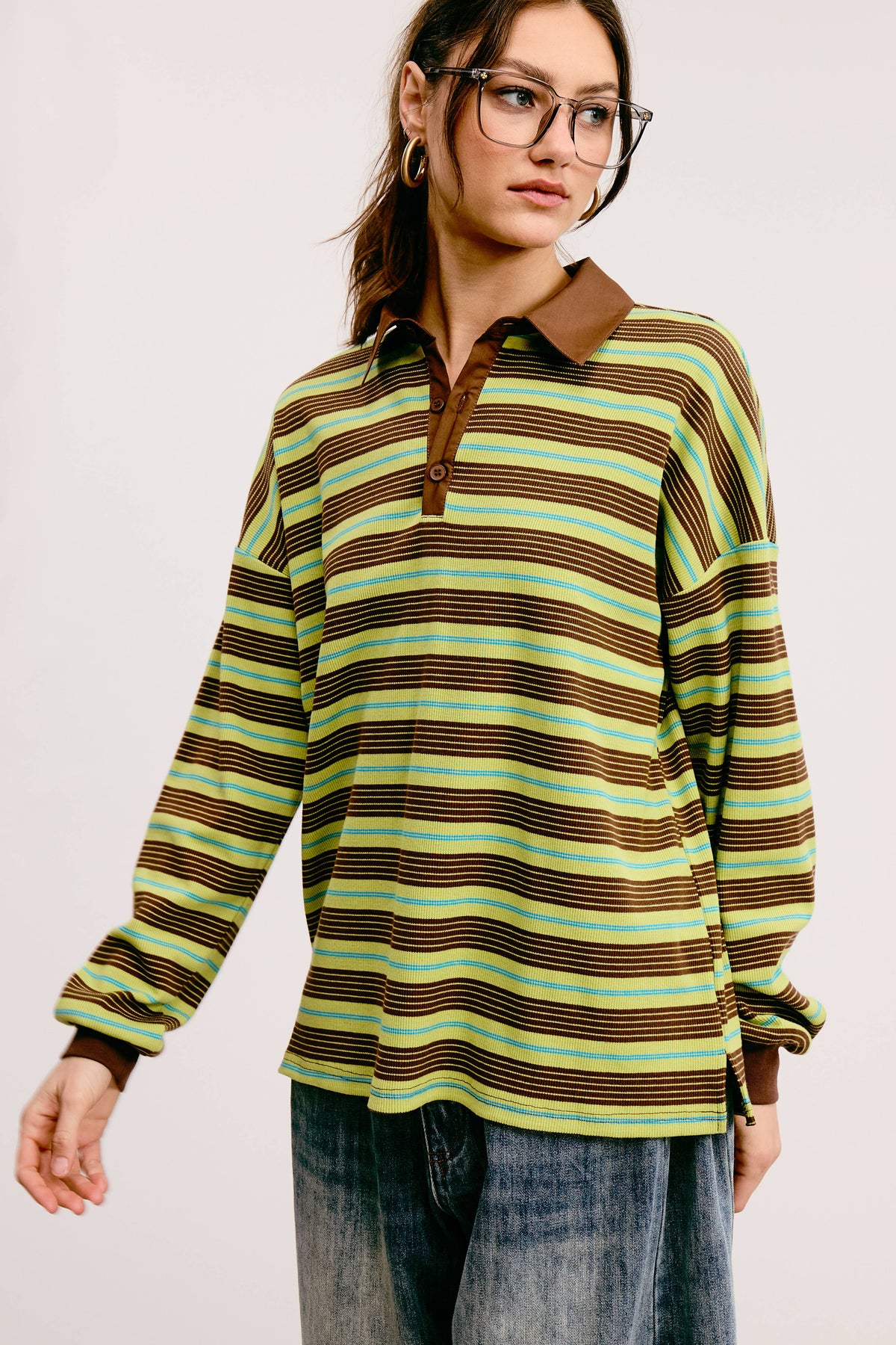 Stripe Oversized Long Sleeve Polo/ LAUREL