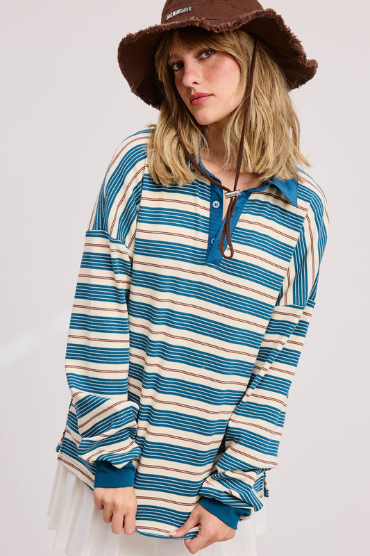 Stripe Oversized Long Sleeve Polo - Laurel