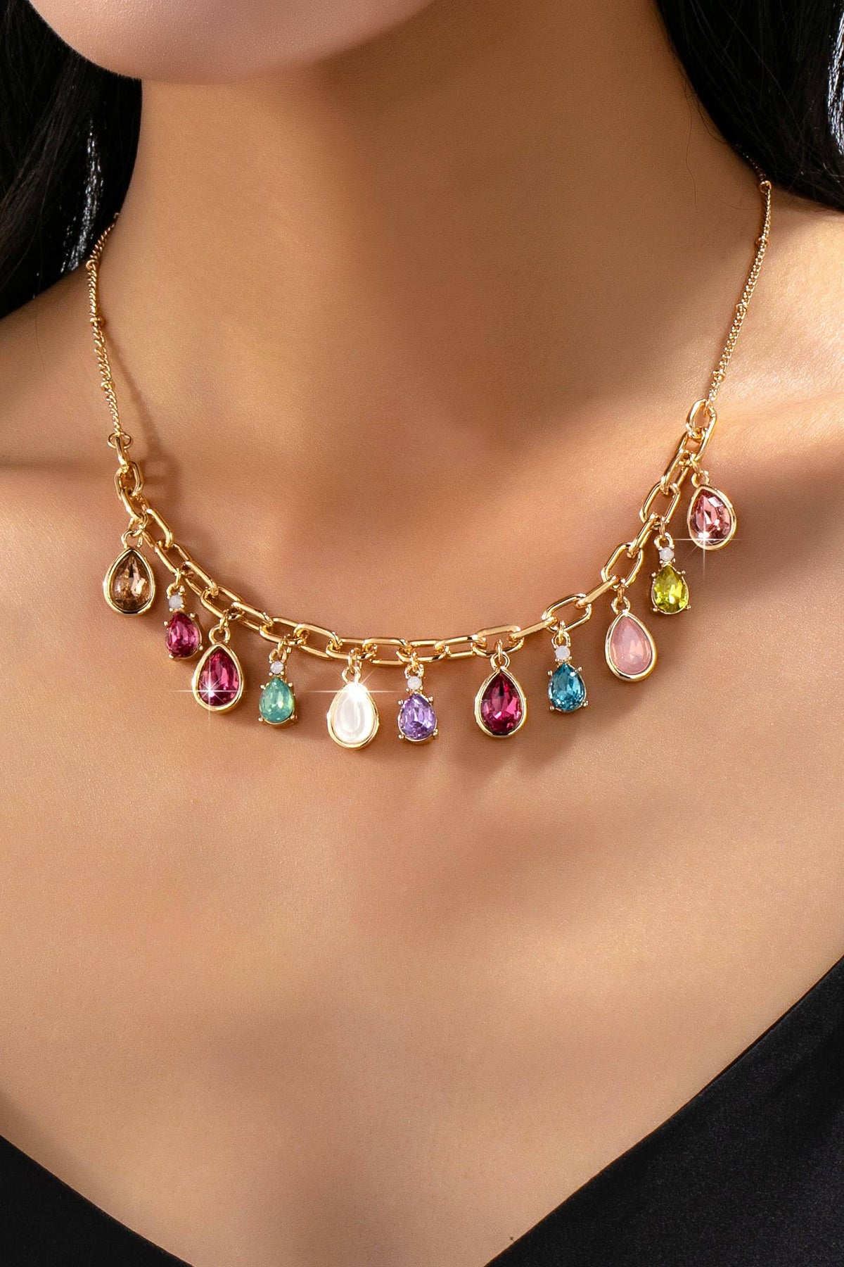 Multicolor Teardrop Crystal Charm Necklace | 80N93407: Gold