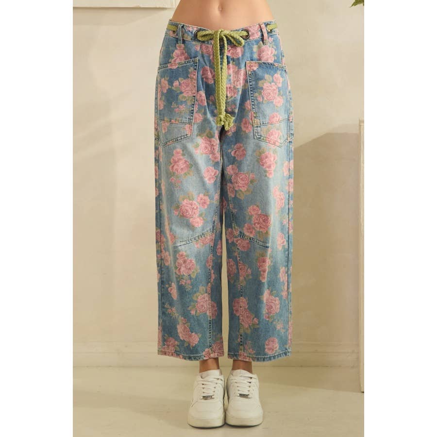 Washed Denim Floral Print Barrel Jeans