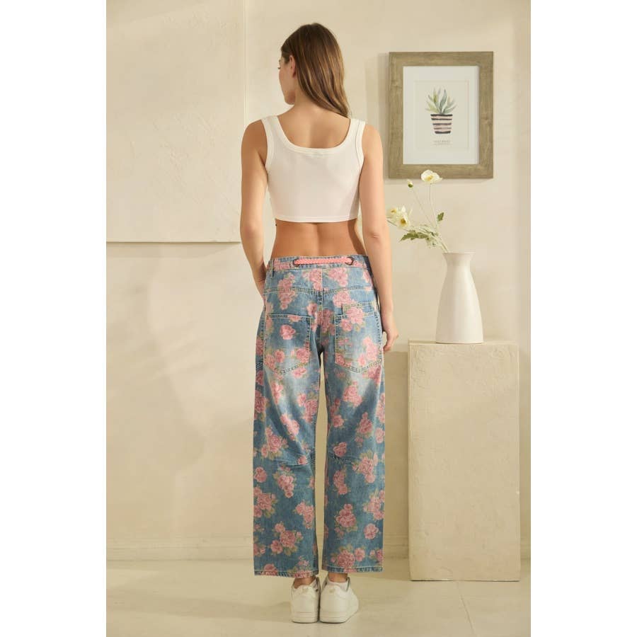 Washed Denim Floral Print Barrel Jeans