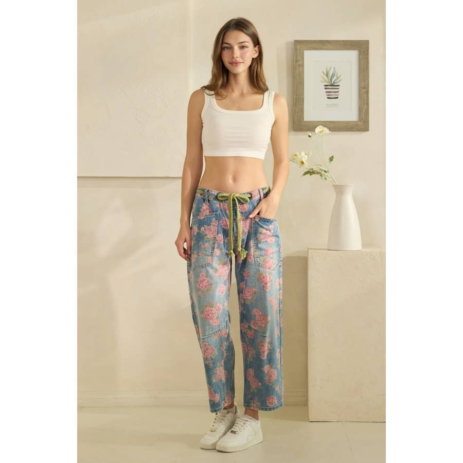 Washed Denim Floral Print Barrel Jeans