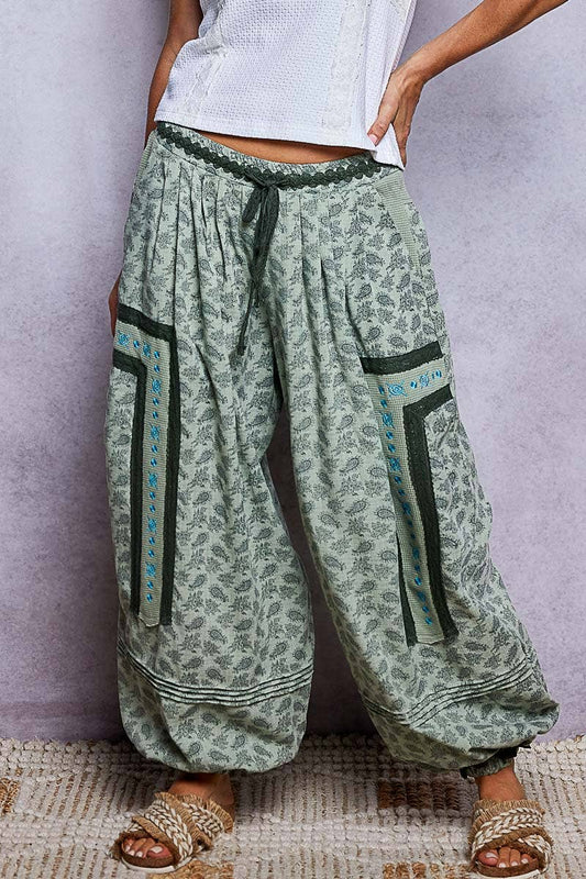 Double Gauze Paisley Embroidered Woven Jogger Pants