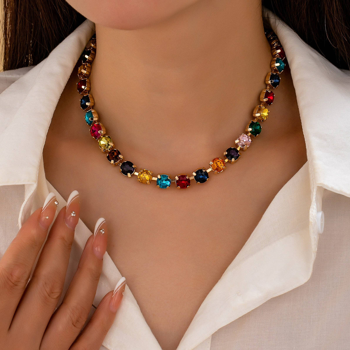 Brass & Multi-Color Glass Crystal Tennis Necklace | 80N93702: AQUA