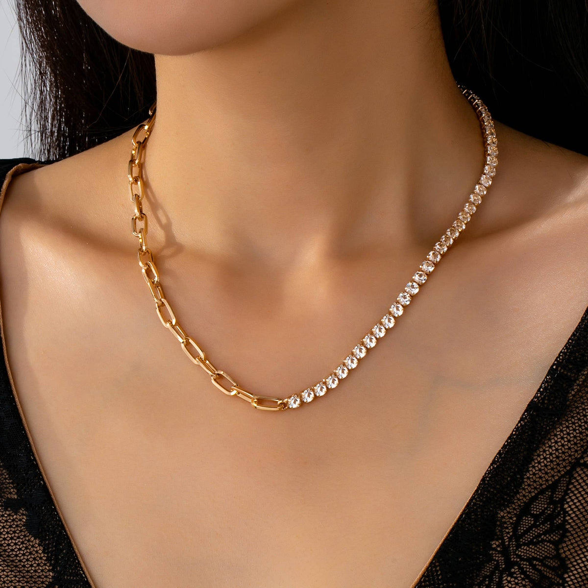 Dual Necklace-Half Rhinestones & Half Link Chain | 80N92669: GOLD