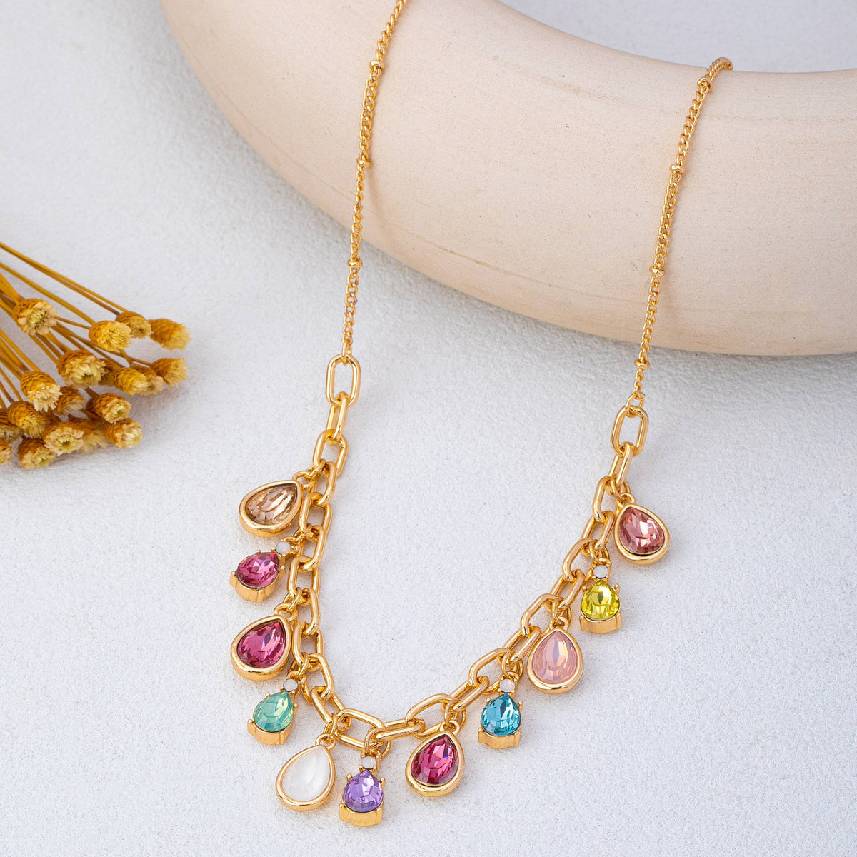 Multicolor Teardrop Crystal Charm Necklace | 80N93407: Gold